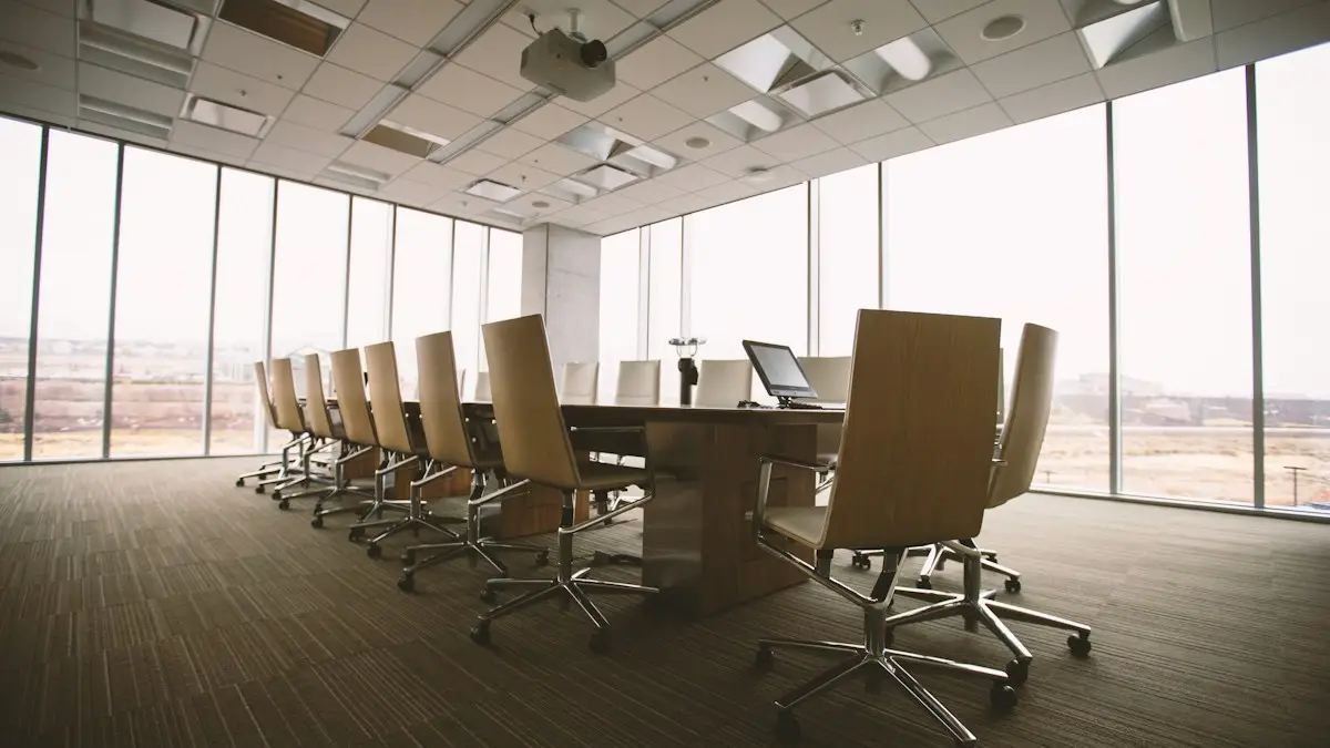 Boardroom with a long wooden conference table