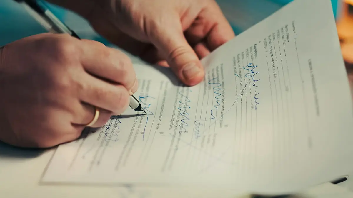 Person signing a document with a pen